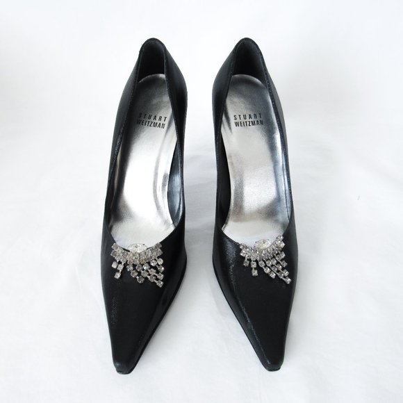 STUART WEITZMEN Classic Black Pointed Toe Pumps Crystal Charm Fringe Heels - Picture 2 of 15